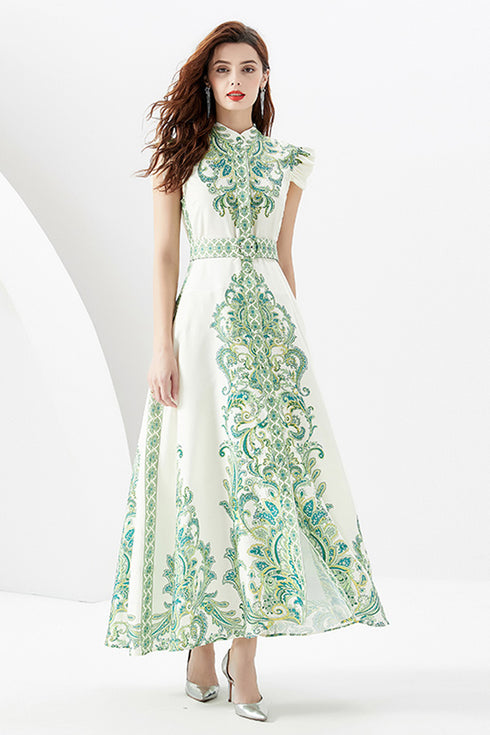 Elegant Autumn Captivating Paisley Pattern Stand-Up Collar, Belted, High Waist, A-line Split Women's Party, Festive Maxi Dress